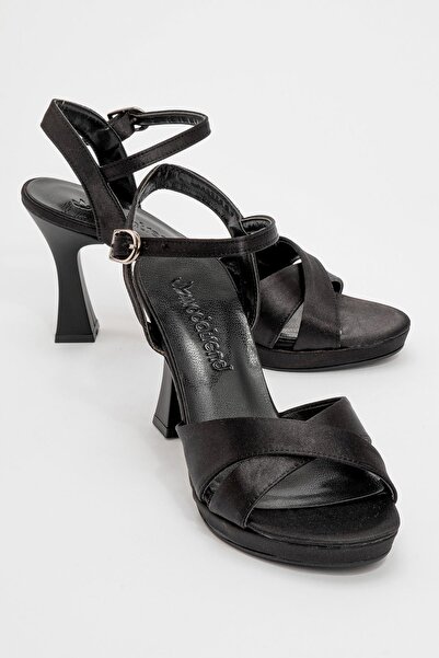 Ccway Satin negru - Pantofi cu toc pentru damă cu bretele încrucișate