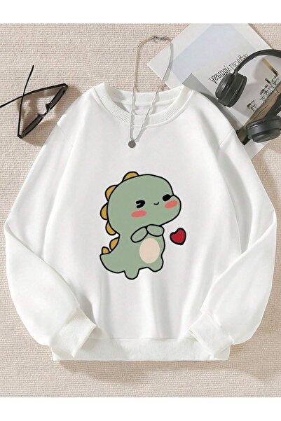 LePold White Crew Neck Dinosaur Printed Girls/Boys Sweatsihrt