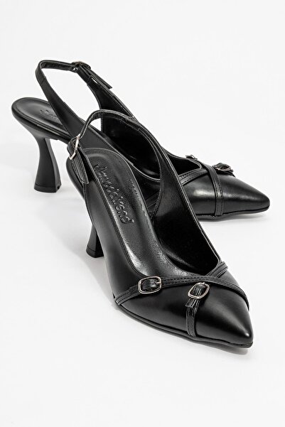 Ccway حذاء بكعب نسائي أسود بإبزيم متقاطع - مفتوح من الخلف