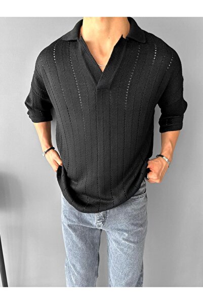 ablukaonline Men's Half Placket Shirt Collar Print Oversize Knitwear T-Shirt Black