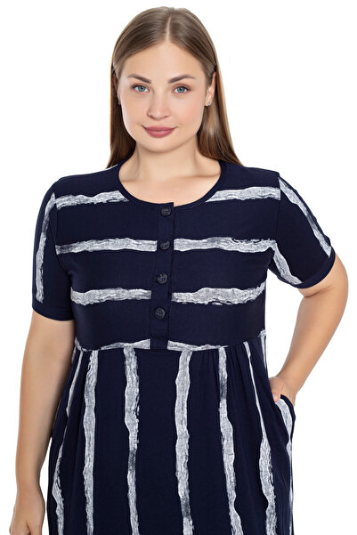 İntensive Μπλε ναυτικό μοτίβο με κοντομάνικο κουμπιά τσέπη συν μέγεθος βαμβακερό φόρεμα