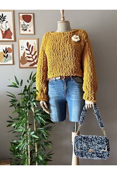 Zuviel Deco Handmade El yapımı hardal örgü Puffy polar chunky kazak peluş kazak