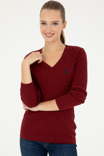 U.S. Polo Assn. Pulover de bază pentru femei, bordeaux, cu decolteu în V 50293561-VR014