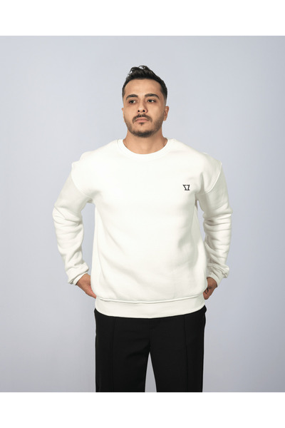 THE DAZZ Ekru Beyaz Bisiklet Yaka Nakış Detaylı Kapüşonsuz Unisex Oversize Sw...