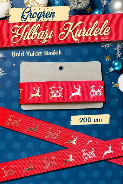 t tuğset etiket Red-Gold Deer Patterned Ribbon Grosgrain 2 Mt - New Year T1065