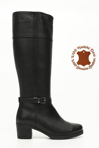 GÖNDERİ(R) Women/Girls Black Zippered Thick Heeled Genuine Leather Boots