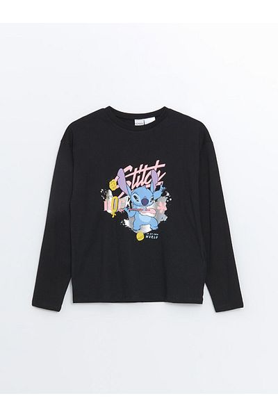 LC Waikiki Tricou pentru fetiță cu mânecă lungă, cu decolteu și cu imprimeu Lilo și Stitch - W4AY67Z4