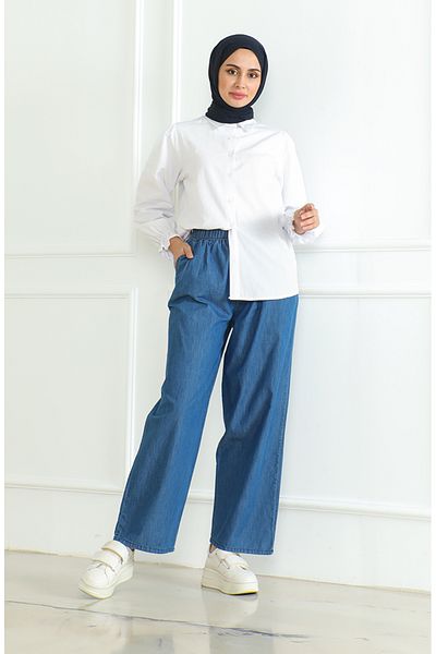 sefamerve Pantaloni albastru deschis cu talie elastica - 0697-01