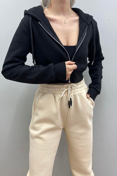lizge giyim HOODED CROP ZIPPERED SWETSHIRT