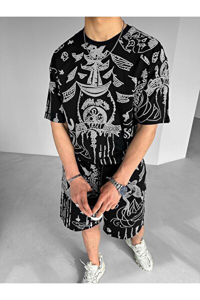 ablukaonline Ethnic εμπριμέ μαύρο ανάγλυφο ανδρικό μπλουζάκι Oversize