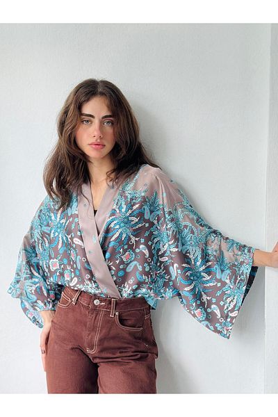 Retrobird Mini kimono din satin albastru - model șal de design