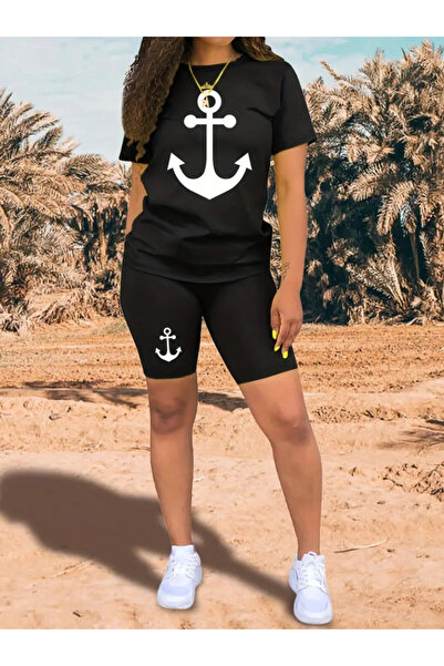 buğrahayalin Women's Short Sleeve Anchor Printed Viscose Double Suit