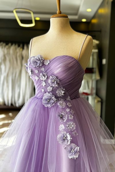 Lenta Moda Lilac Draped 3D Floral Green Skirt Mini Night and Party Dress