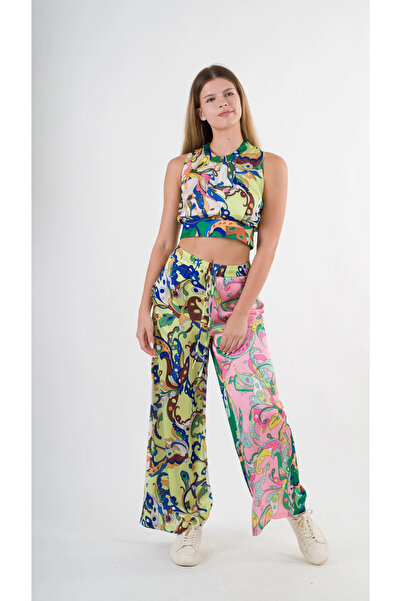 hazelin Green Pink Patterned Women's Blouse and Trousers Set - Hzl22S-Yy298