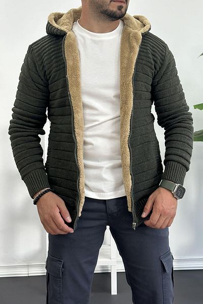 Edwox Men's Fur Lined Hooded Zippered Knitwear Cardigan Green T743