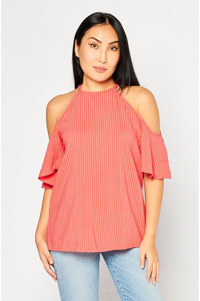 Michael Kors Women Round Neck Cold Shoulder Striped Top, Red