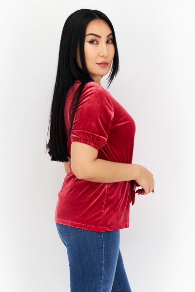 Charter Club Women Round Neck Short Sleeve Plain Belted Top, Red