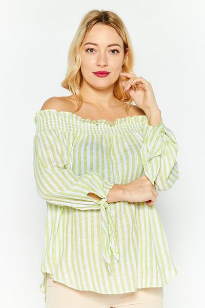 Michael Kors Women Off Shoulder Long Sleeves Stripe Blouse, Green