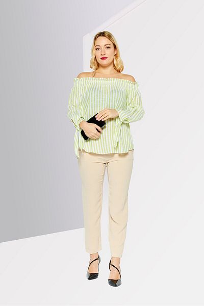 Michael Kors Women Off Shoulder Long Sleeves Stripe Blouse, Green