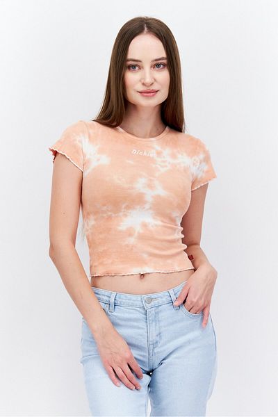 Dickies Women Crew Neck Short Sleeve Tie Dye Top, White Combo