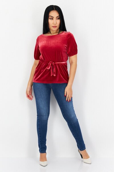 Charter Club Women Round Neck Short Sleeve Plain Belted Top, Red