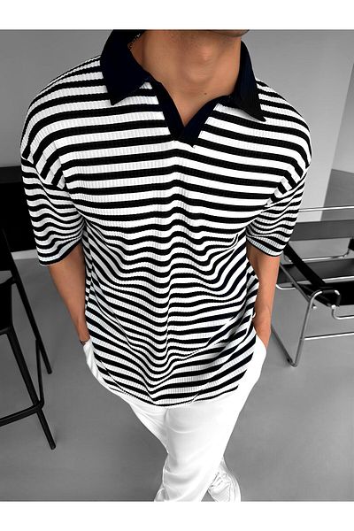 ablukaonline Ανδρικό μπλουζάκι Oversize Half Placket Polo Neck Ριγέ Λευκό - Μαύρο