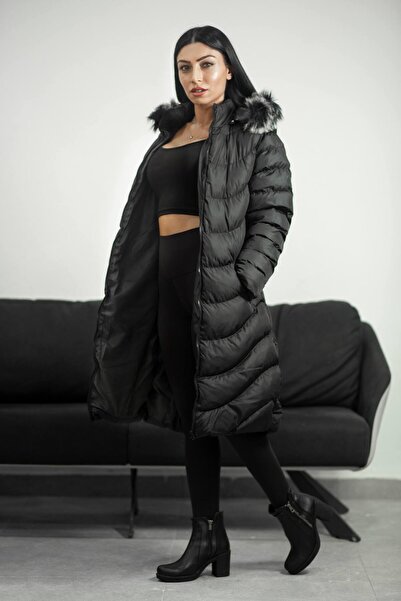 DOKUBYMAYA DOKUMAYA KADIN ŞİŞME UZUN SİYAH MONT