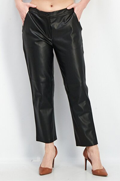 Esprit بنطلون جلدي سادة بساق مستقيمة للنساء بطول 26، أسود