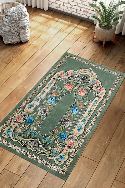 Napoli Home Дигитално отпечатан молитвен килим с нехлъзгаща се основа, който може да се пере, за подаръци и зестра, PRAYER RUG-65-GREEN