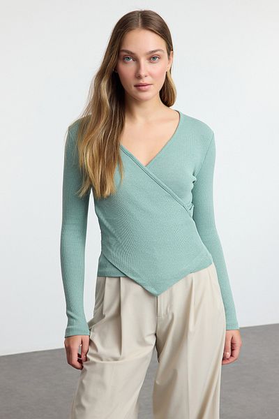 Trendyol Collection Flexible Corded Knitted Blouse - Double Breasted Collar, Long Sleeve, Mint Twoaw21Bz1274