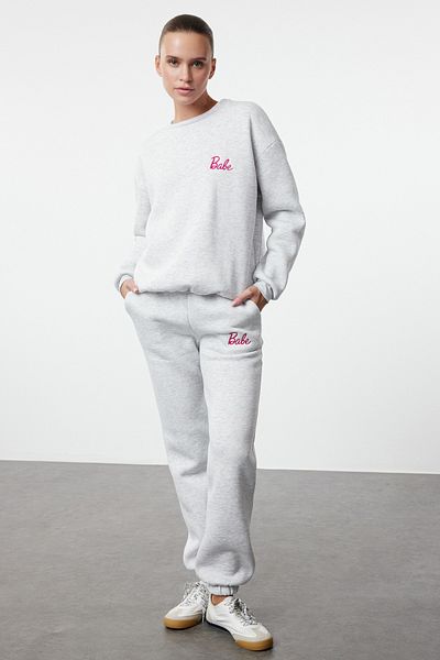 Trendyol Collection Σετ αθλητικής φόρμας με εμπριμέ φλις μελανζέ χρώμα - TWOAW25EM00012