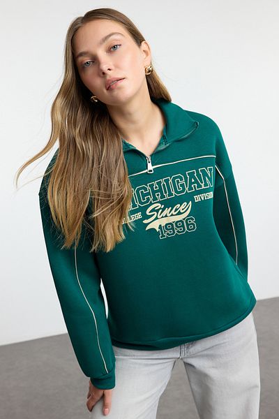 Trendyol Collection Smaragdově zelená oversize fleecová mikina - na zip, potištěná Twoaw24Sw00184