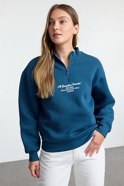 Trendyol Collection Petrol Colored Fleece Zippered Oversize Knitted Sweatshirt - Stand Collar Twoaw24Sw00127