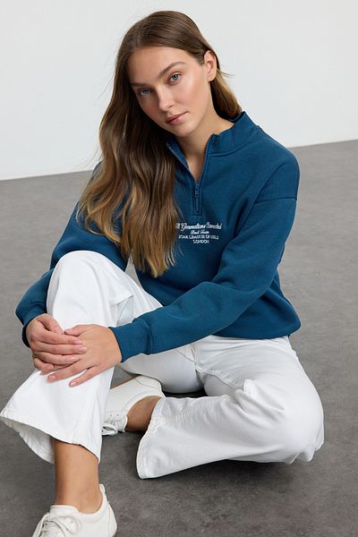 Trendyol Collection Petrol Colored Fleece Zippered Oversize Knitted Sweatshirt - Stand Collar Twoaw24Sw00127