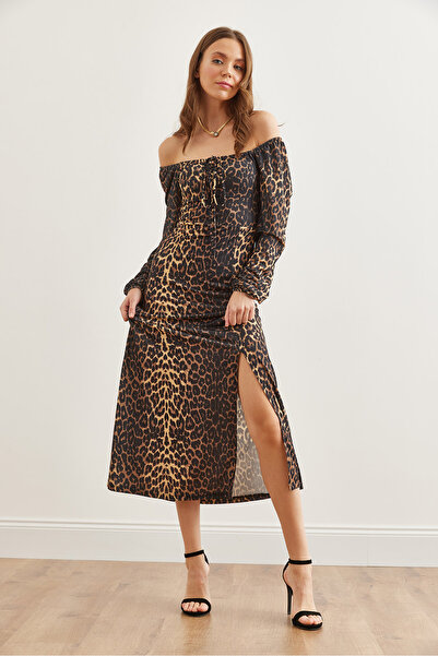 Olalook Kadın Siyah Kahve Bağcık Detaylı Yırtmaçlı Maxi Leopar Elbise ELB-19002264