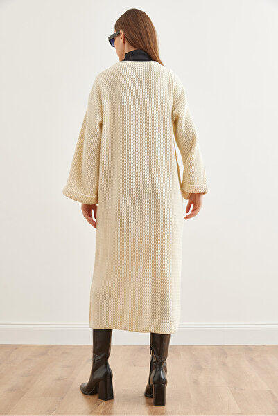 Olalook Kadın Ekru Manşeti Katlamalı Maxi Triko Hırka HRK-19000297