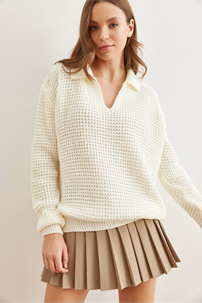 Olalook Pulover de damă cu gât polo tricotaj ecru - Honeycomb KZK- 19000826