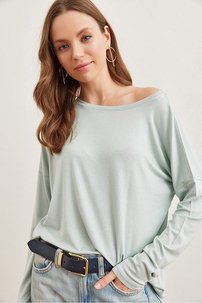 Olalook Aqua Green Viskose-Bluse – Rundhalsausschnitt, Fledermausfluss BLZ- 19002588
