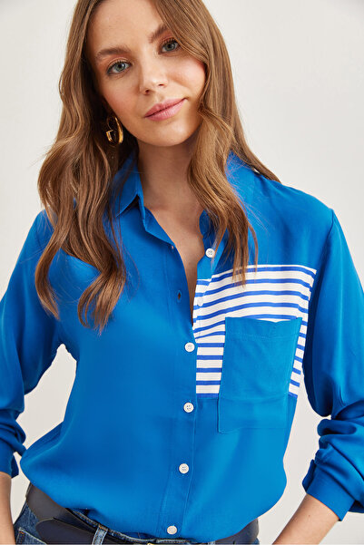 Olalook Saks kék viszkóz női ing - zsebrészlet, szőtt GML- 19001080