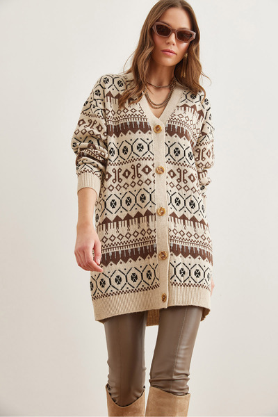 Olalook Ethnic Patterned Stone Brown Oversize Knitwear Women's Cardigan - Hrk- 19000300