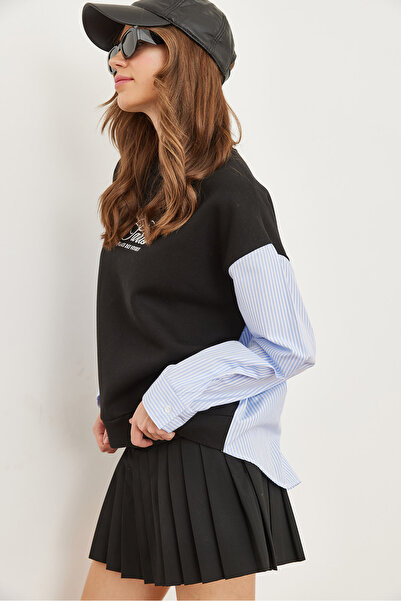 Olalook Kadın Siyah Kolu Sırtı Poplin Detaylı Kalın Sweatshirt SWT-19000669