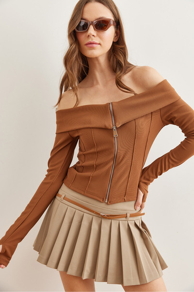 Olalook Corded Brown Madonna Blouse - Zippered and Stitching Detail Blz- 19002744