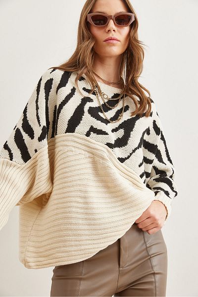 Olalook Ecru Zebra Detailed Women's Knitwear Sweater - Kzk- 19000819