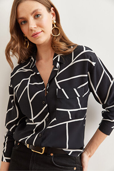 Olalook Women's Asymmetrical Black Single Pocket Woven Viscon Shirt Gml- 19000890