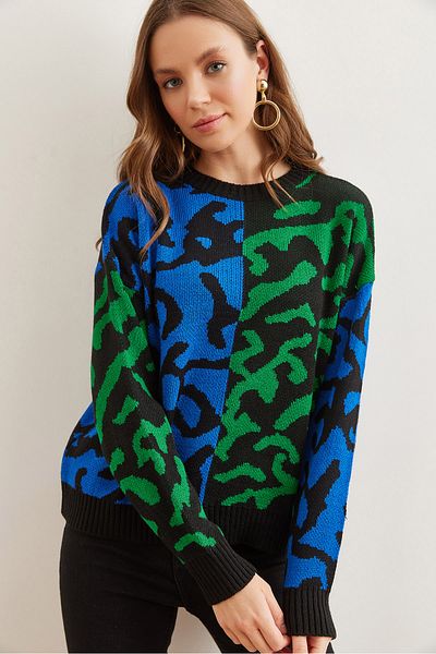 Olalook Saks Blue Leopard Print Women's Knitwear Sweater - Kzk- 19000832