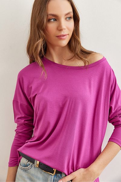 Olalook Lila Viskose-Bluse mit Rundhalsausschnitt – Fledermauswurf, BLZ- 19002588