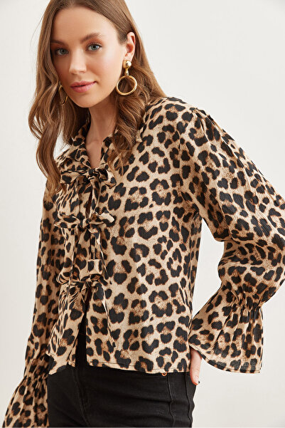 Olalook Leopard Patterned Stone Black Premium Women's Shirt - Bow Detail Gml- 19001249