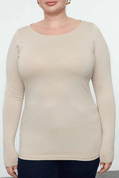 Trendyol Curve Hosszú ujjú bézs nagy méretű póló - 100% pamut TBBAW25BF00000