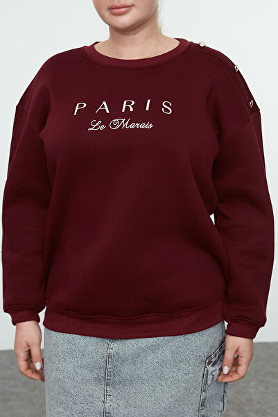 Trendyol Curve Nagy méretű polár pulóver - nyakú, gombos és hímzéses részletekkel