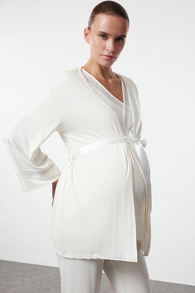 Trendyol Collection Ecru Knitted Dressing Gowns-Pyjamas Set for Pregnant and Maternity 3 Pieces - Tbbaw25Ai00072